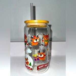 Christmas Reindeer Glass Tumbler with Straw